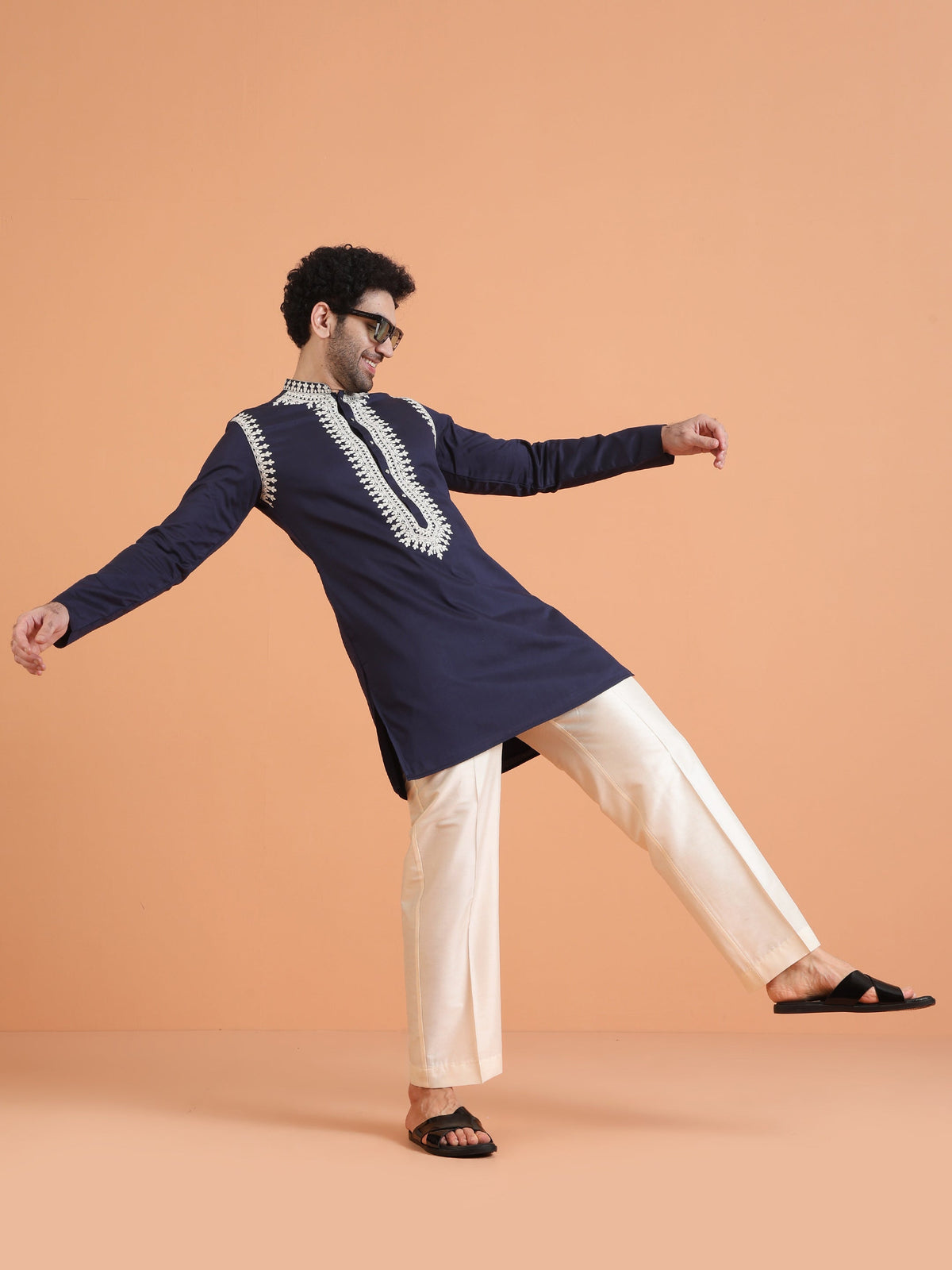 Navy Blue Cotton Silk Embroidered Mid Kurta