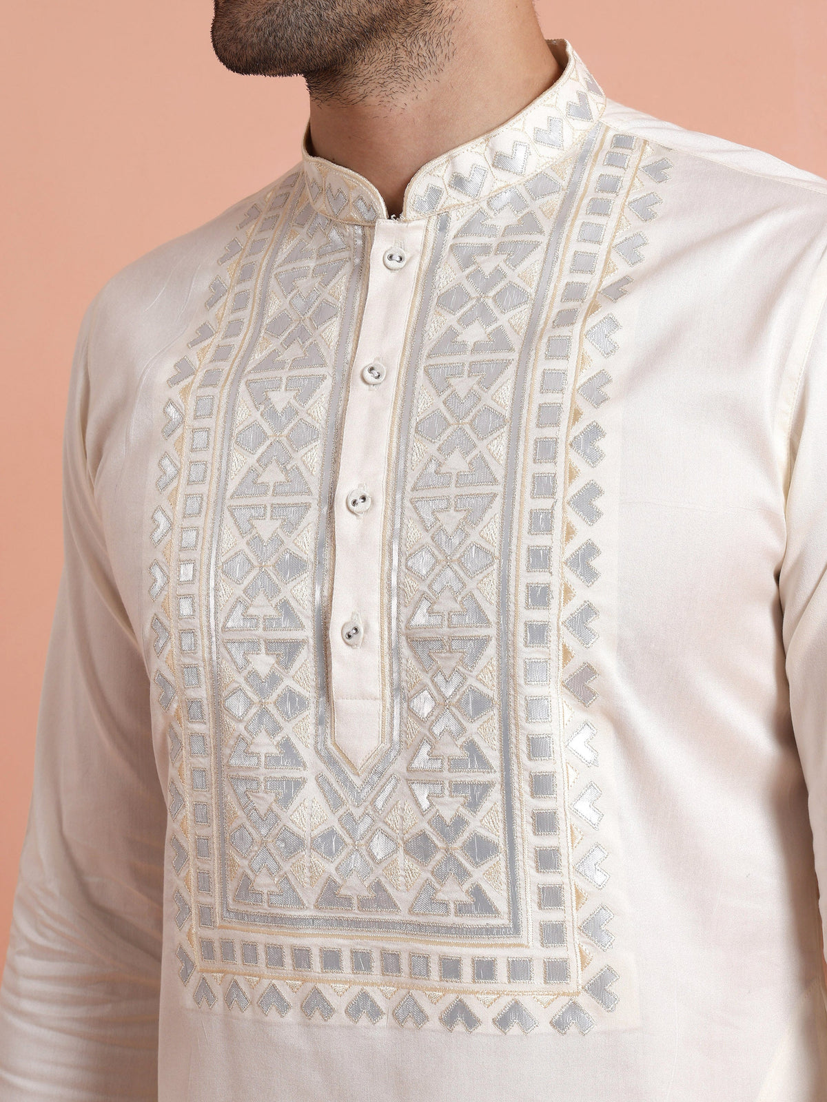 Cream Cotton Silk Embroidered Mid Kurta