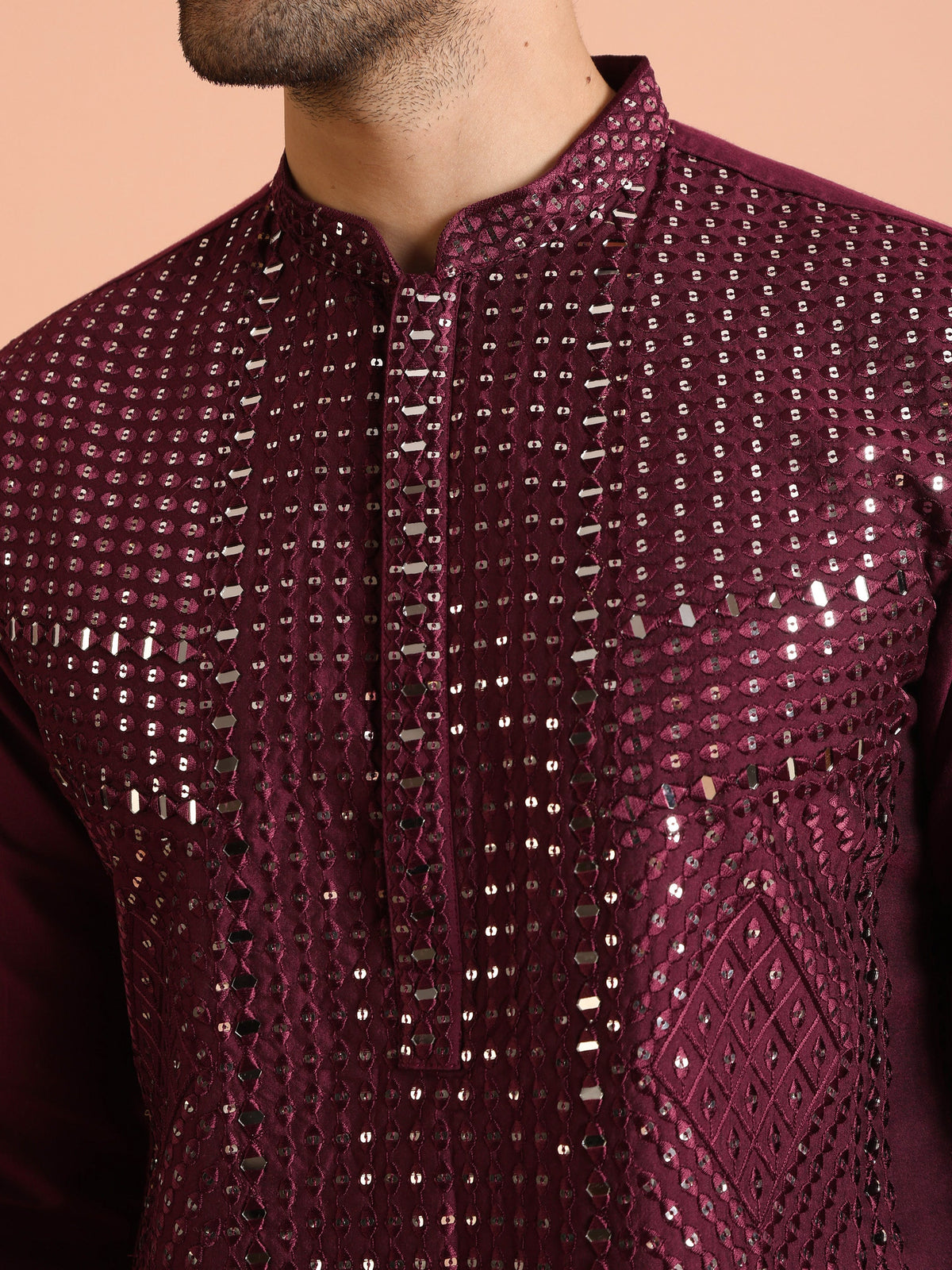 Wine Poly Silk Embellished Kurta