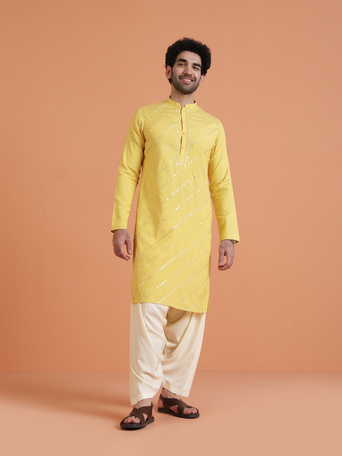 Yellow Cotton Silk Mirror Work Kurta