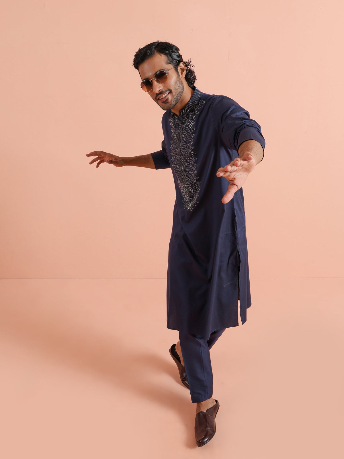 Navy Kurta with Geometric Embroidery