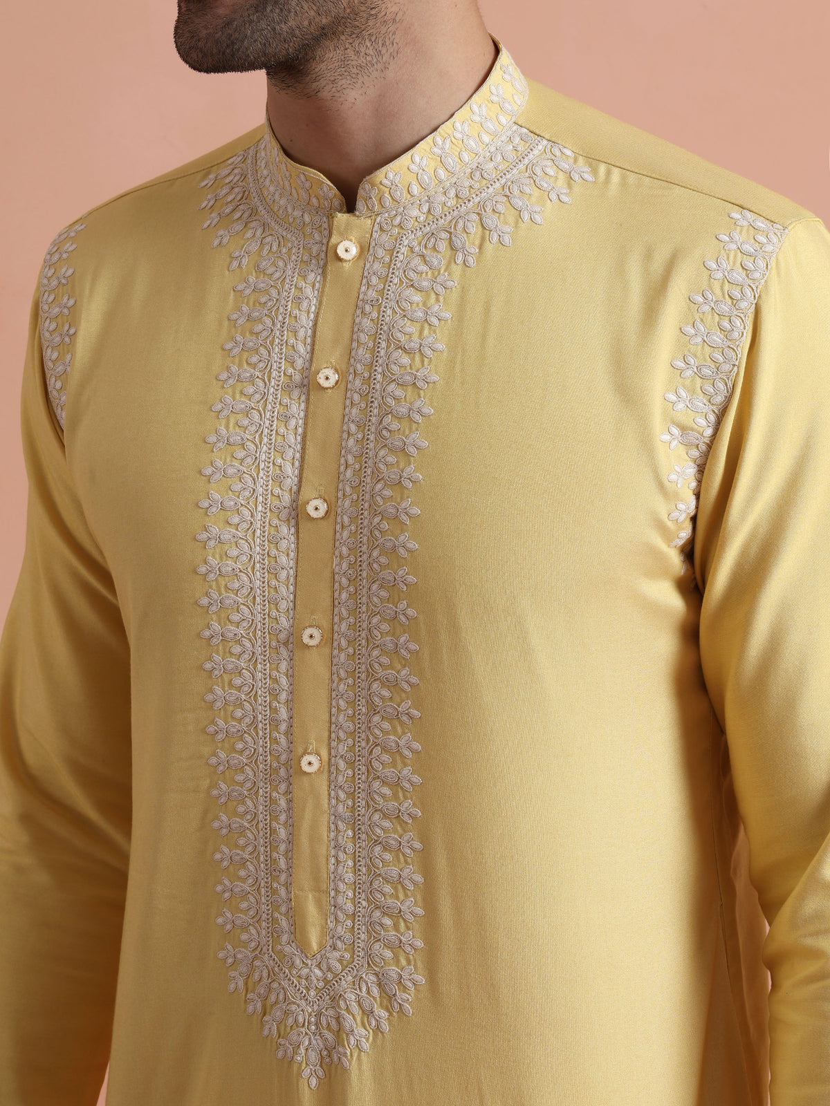 Yellow Poly Silk Embroidered Kurta