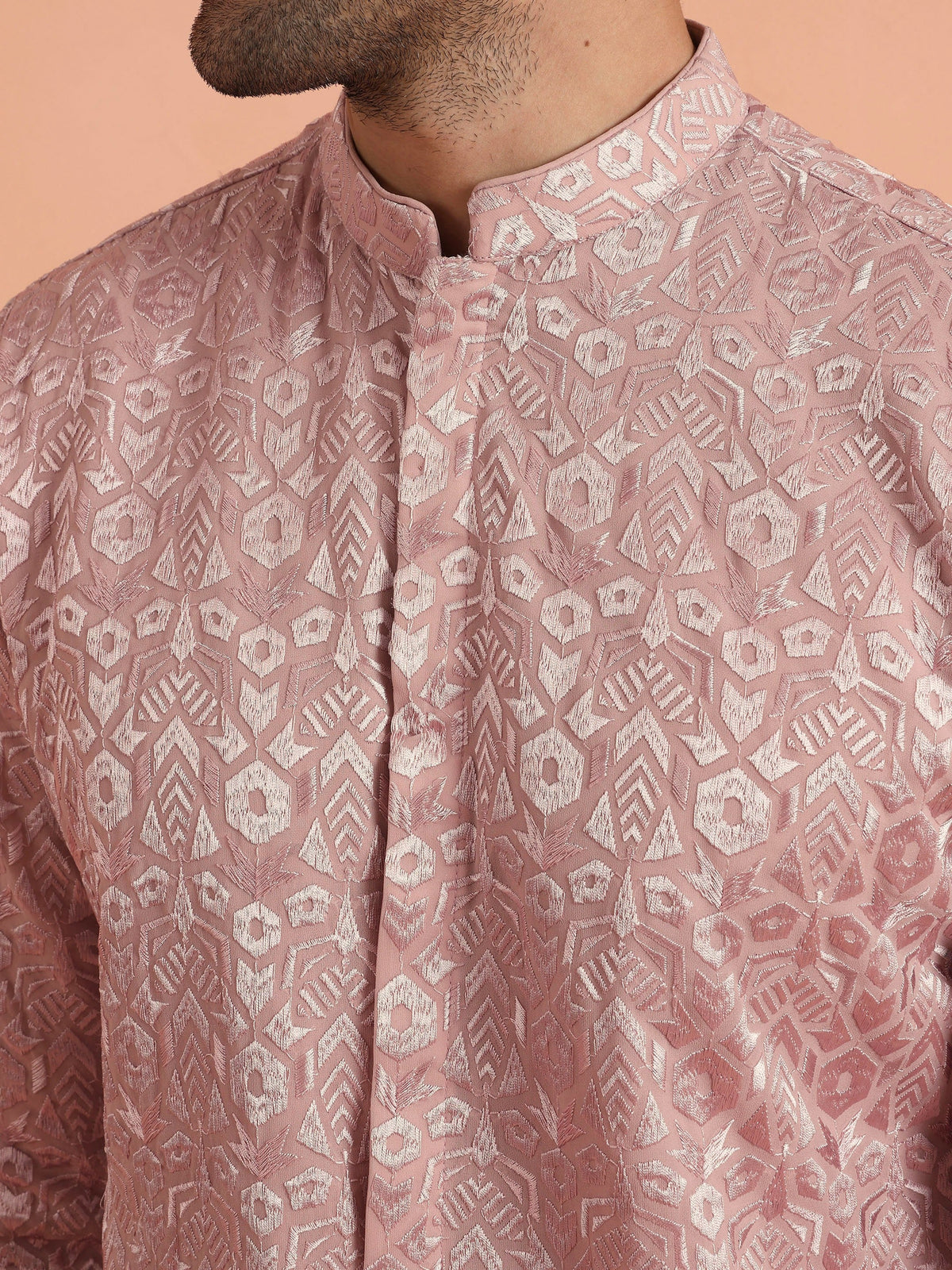 Pink Jacquard Silk Blend Mid Kurta