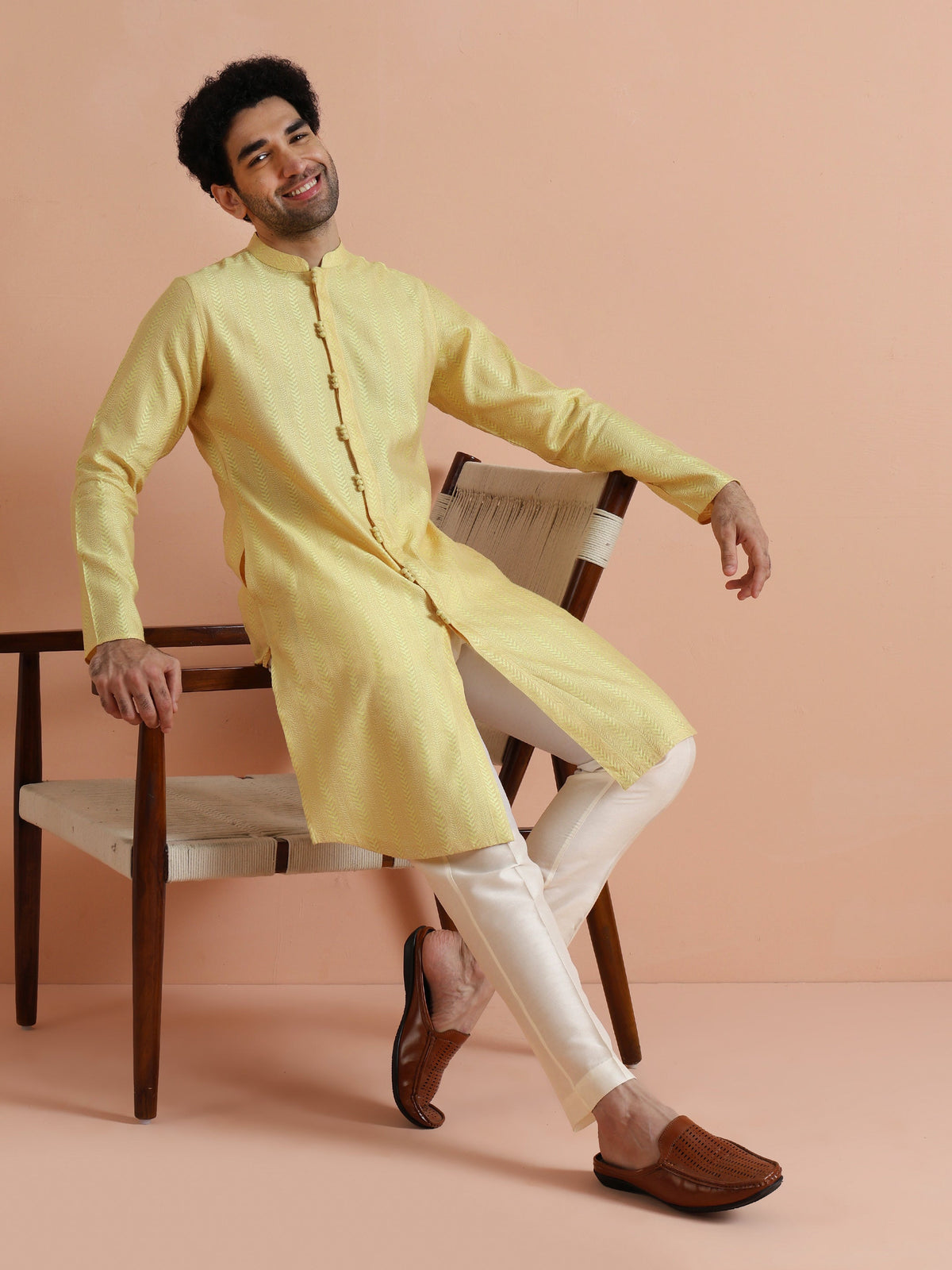 Yellow Jacquard Woven Kurta
