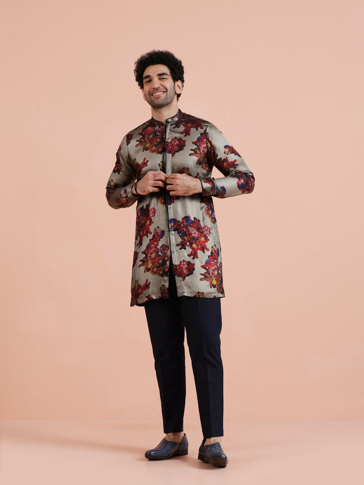Grey Red Floral Printed Mid Kurta