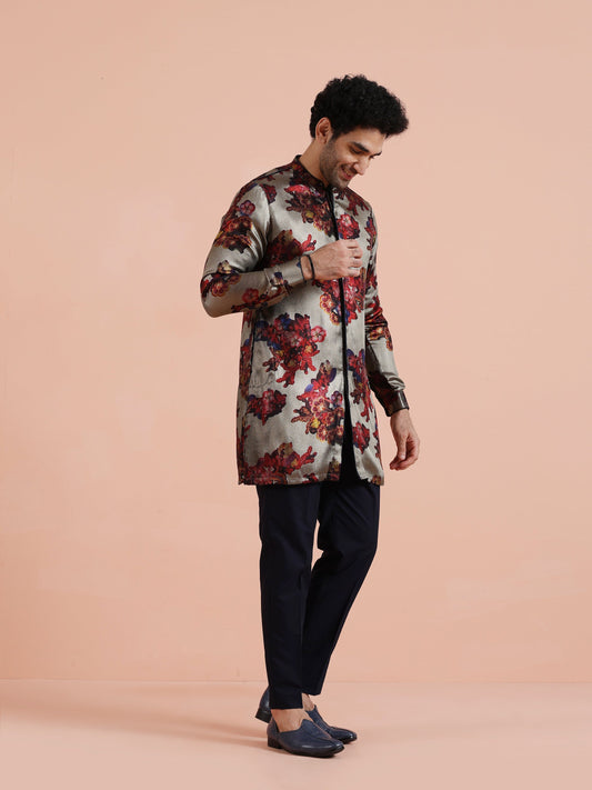 Grey Red Floral Printed Mid Kurta