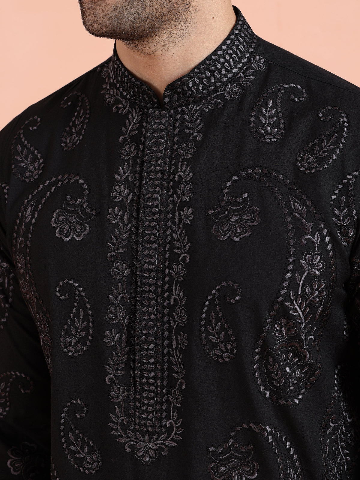 Black Embroidered Silk Blend Kurta