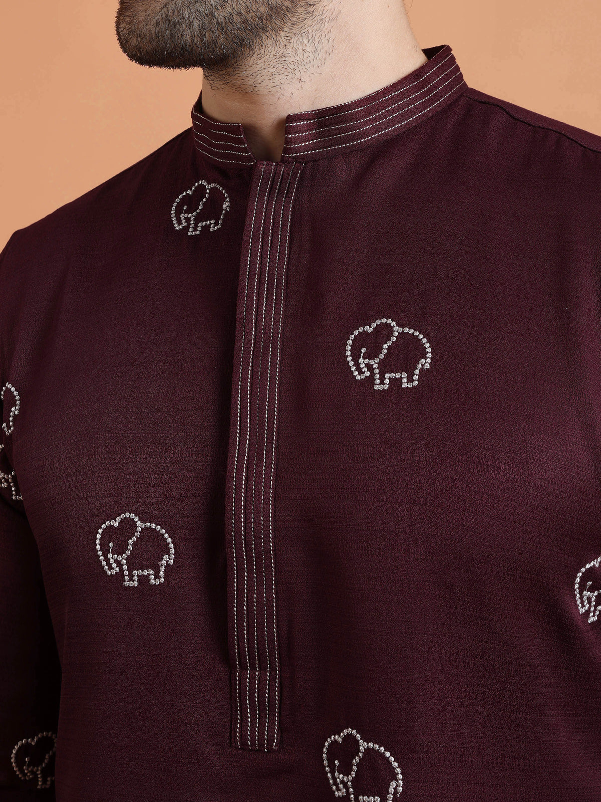 Maroon Cotton Silk Embroidered Kurta