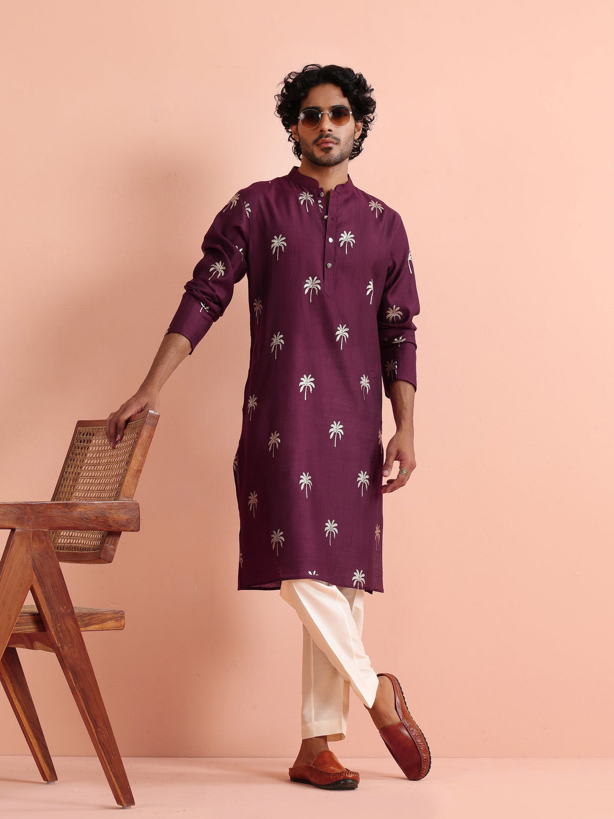 Wine Kurta with Palm Prints
