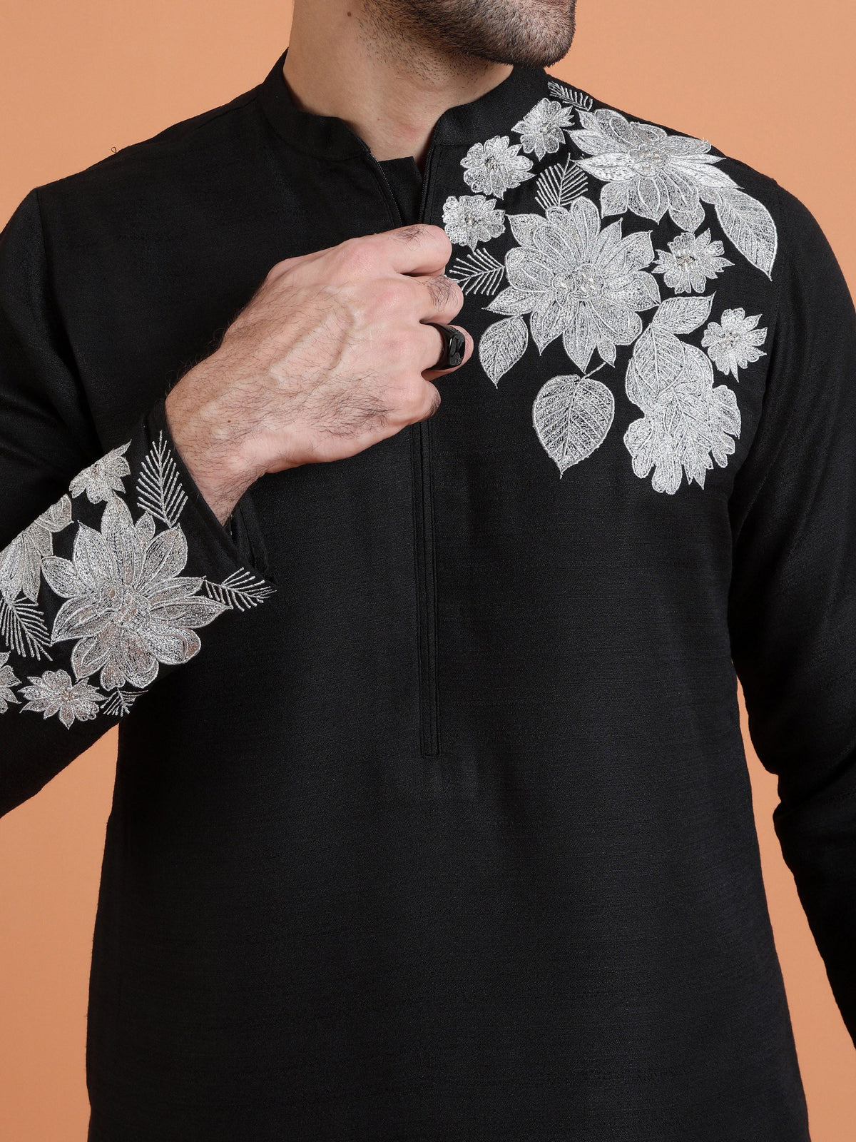 Black Cotton Silk Floral Embroidered Kurta