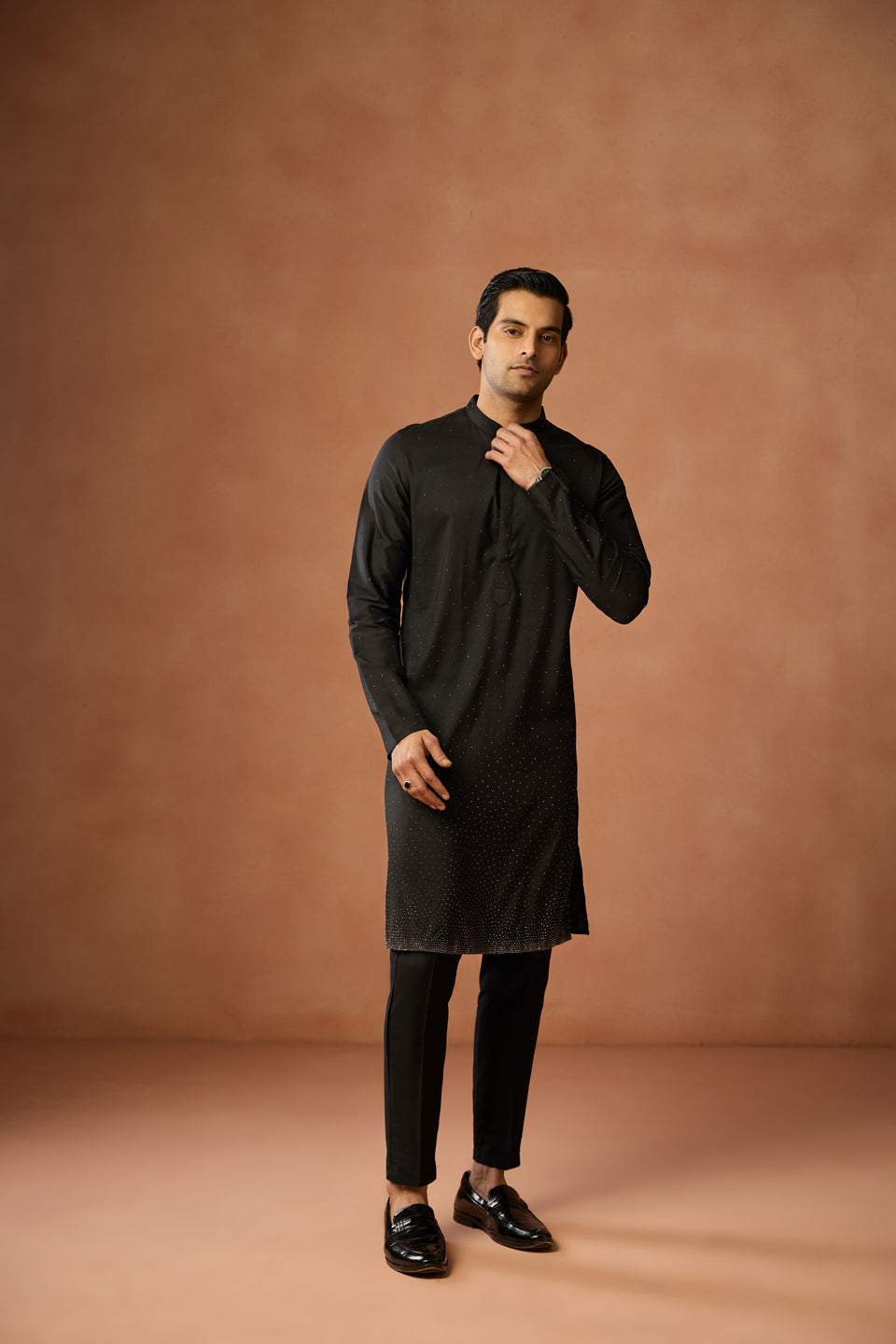 Black Silk Blend Embellished Long Kurta
