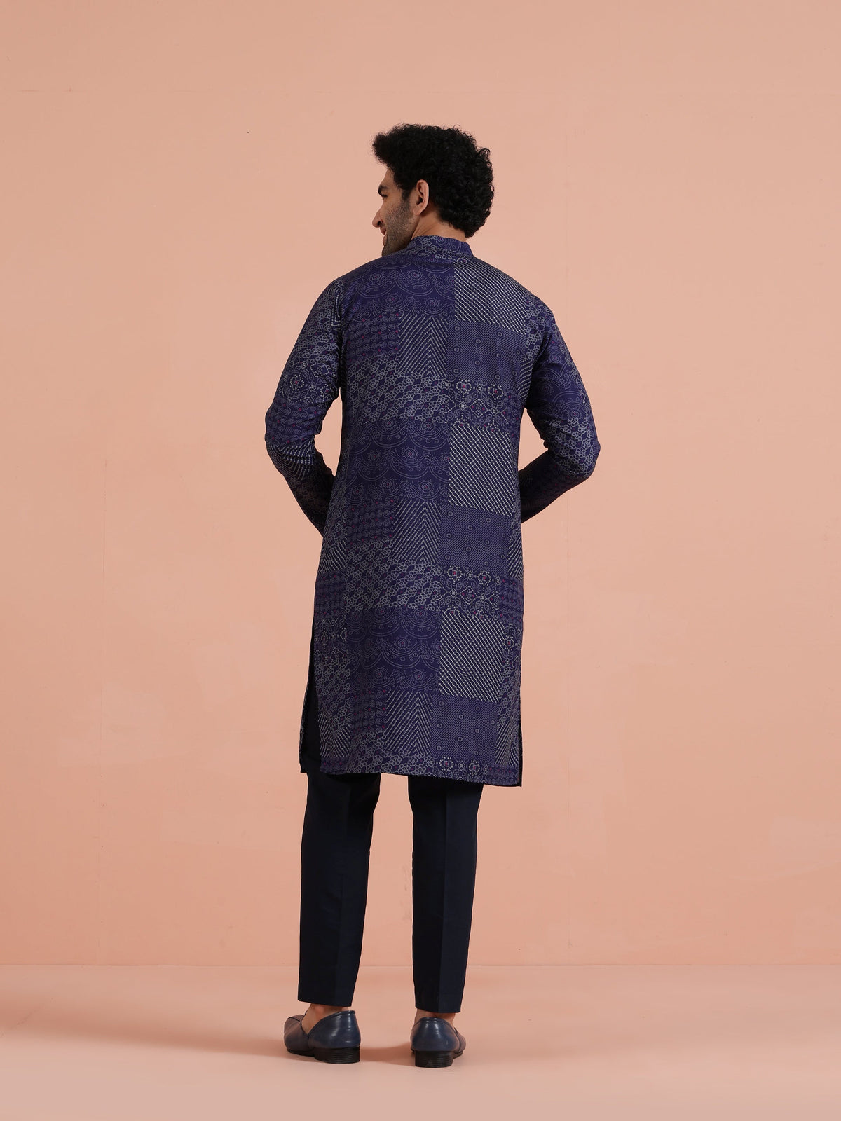 Navy Blue Art Silk Printed Long Kurta
