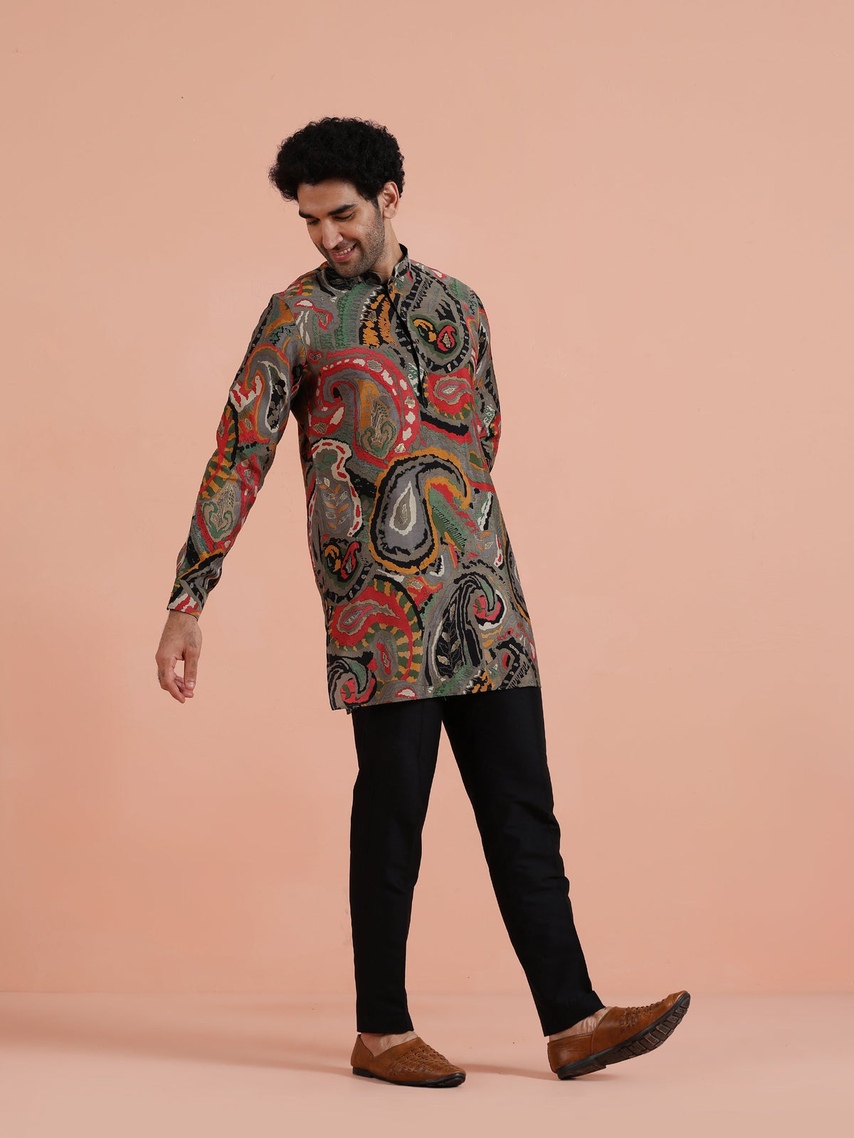 Grey Paisley Printed Kurta