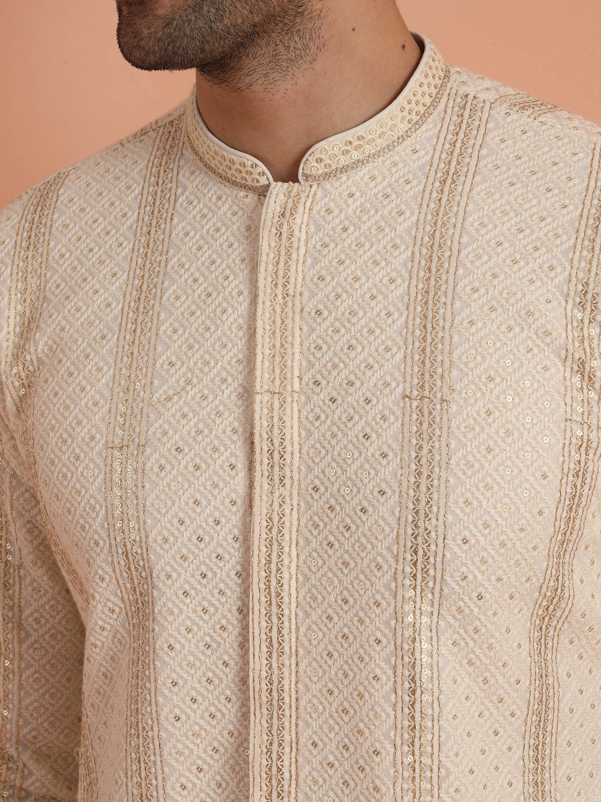 Cream Georgette Sequin Long Kurta