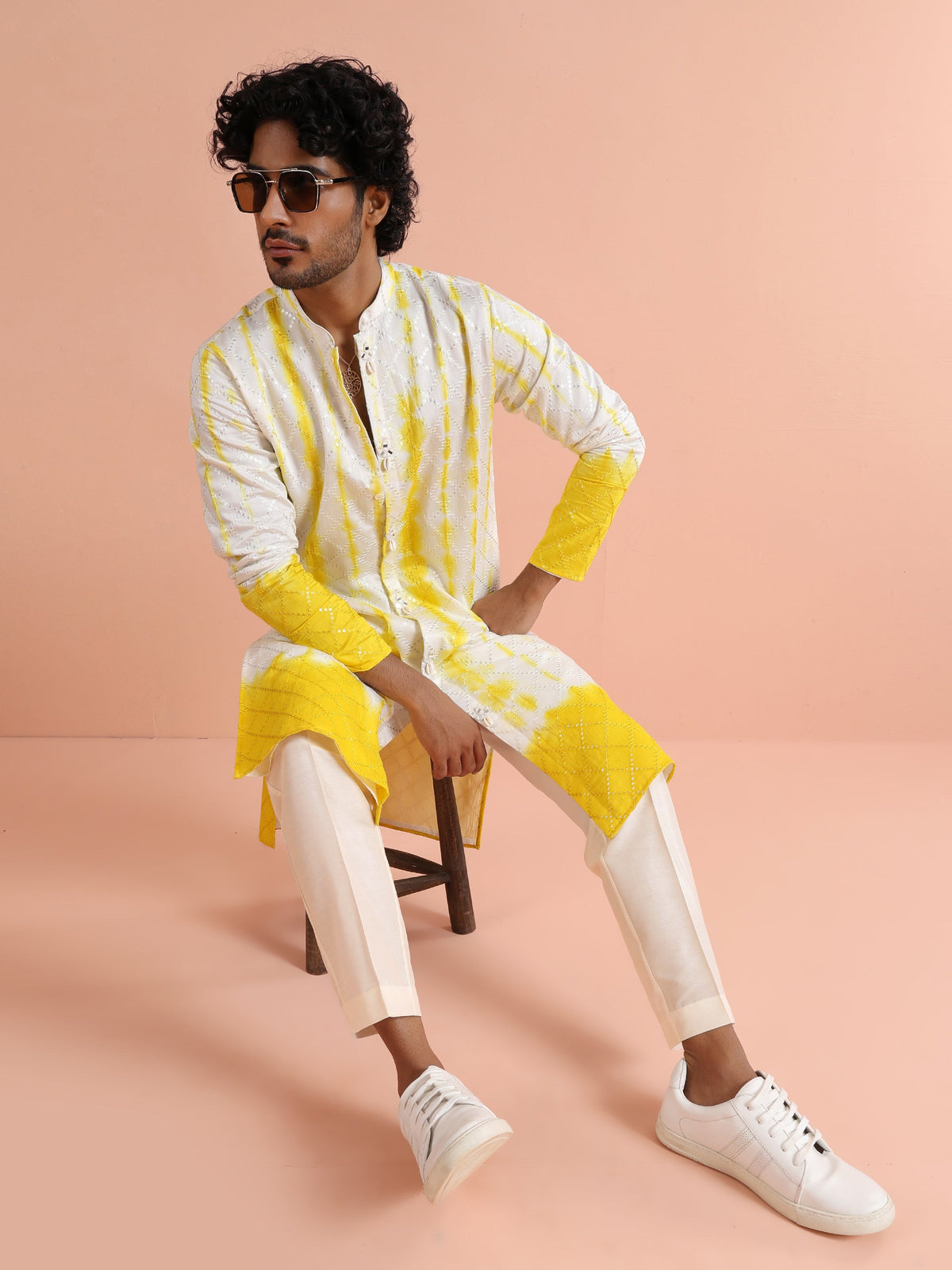 White & Yellow Ombre Printed Kurta