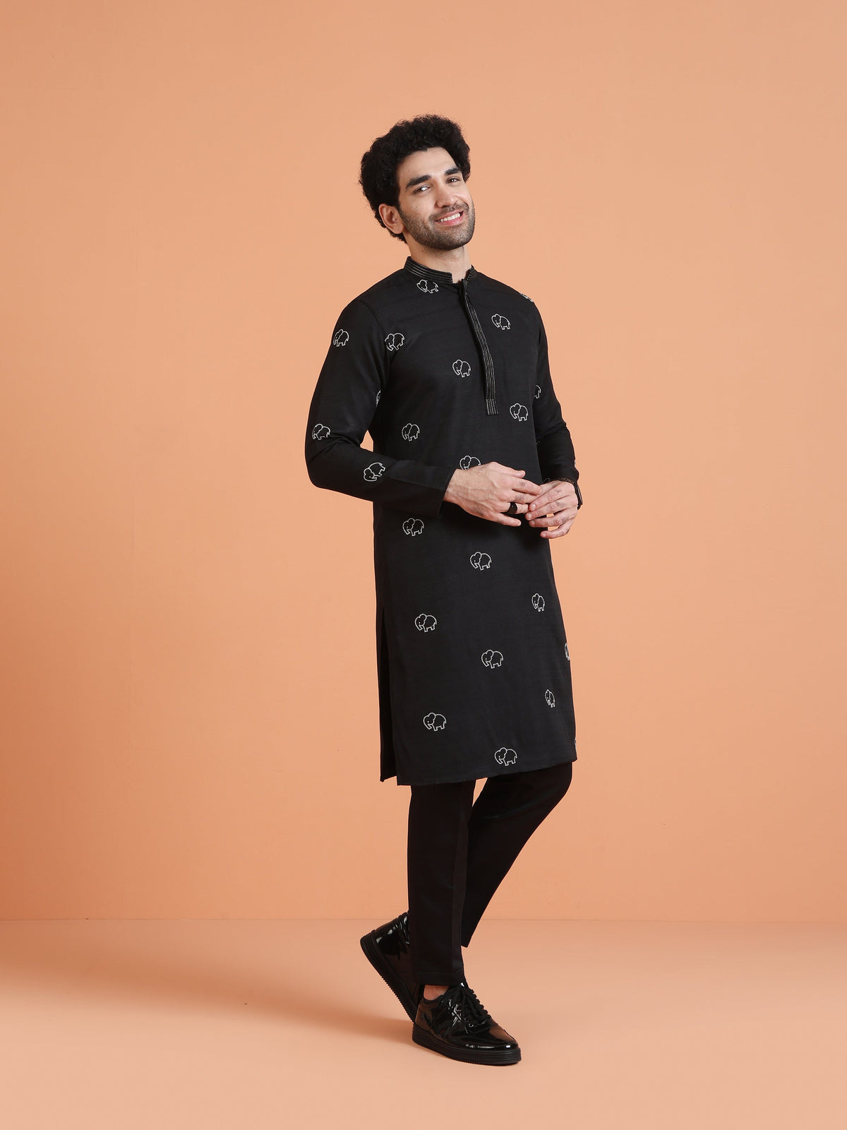 Black Cotton Silk Embroidered Kurta