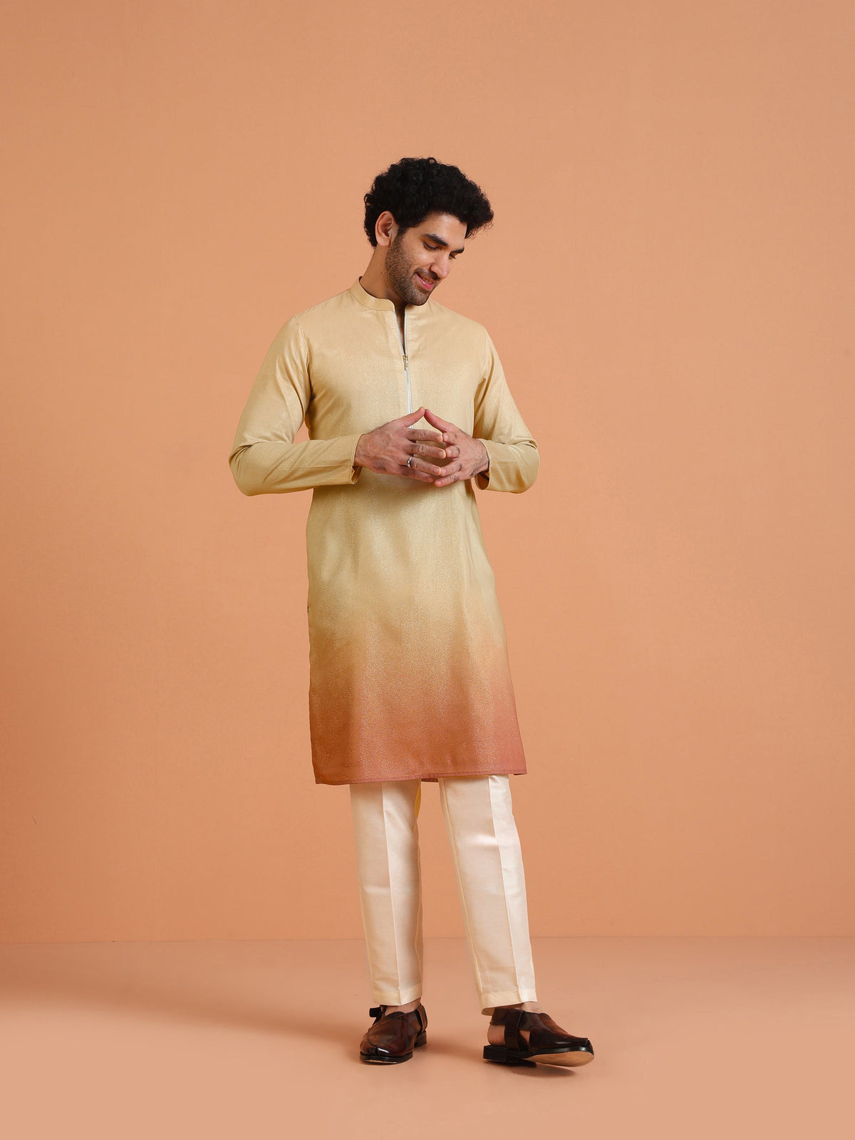 Beige Ombre Silk Kurta with Zip