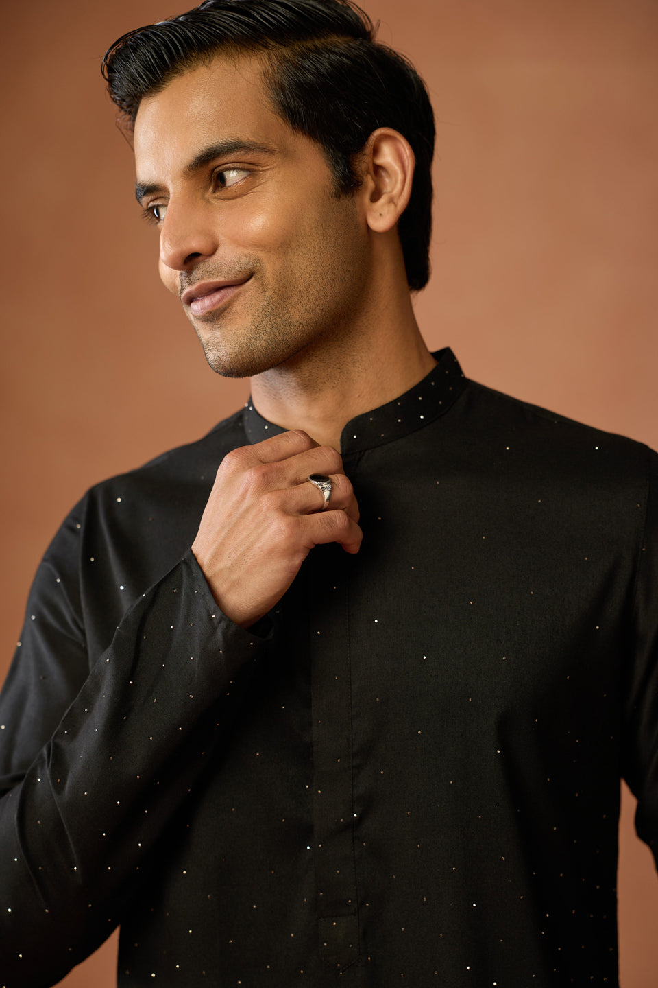 Black Silk Blend Embellished Long Kurta