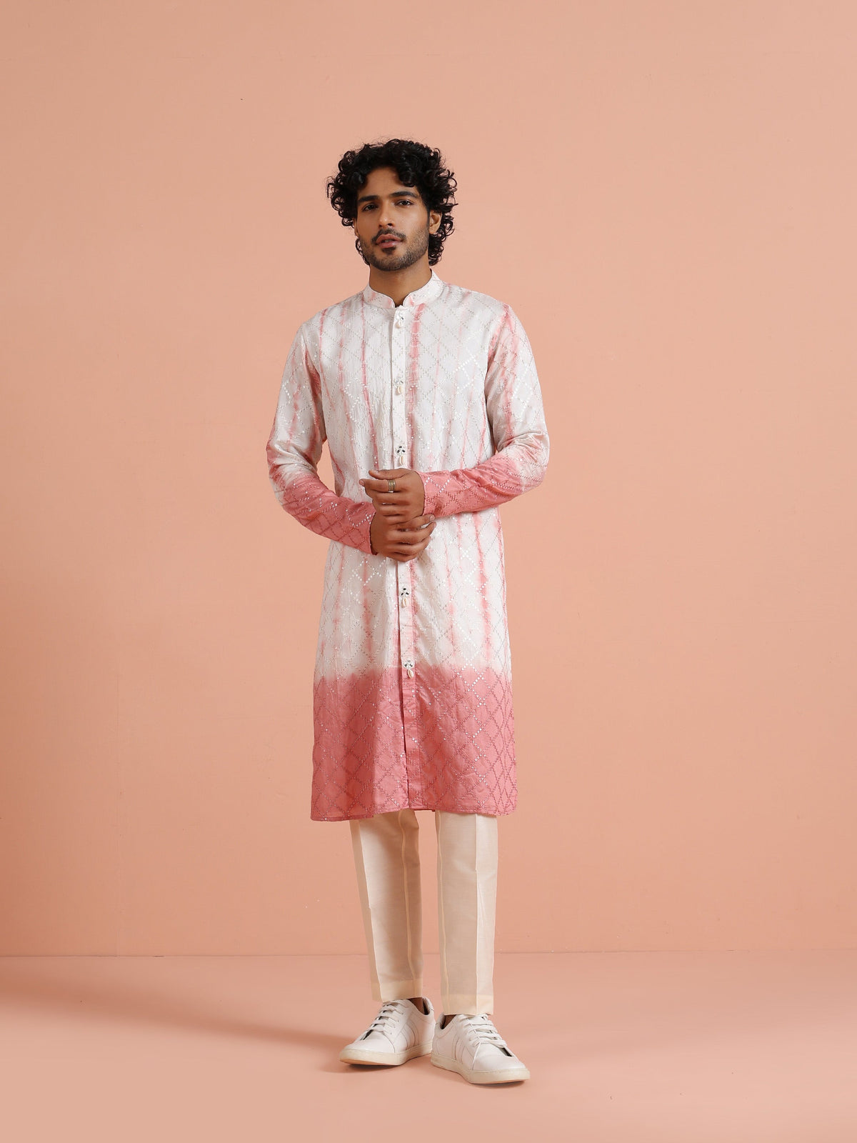 White & Pink Ombre Printed Kurta