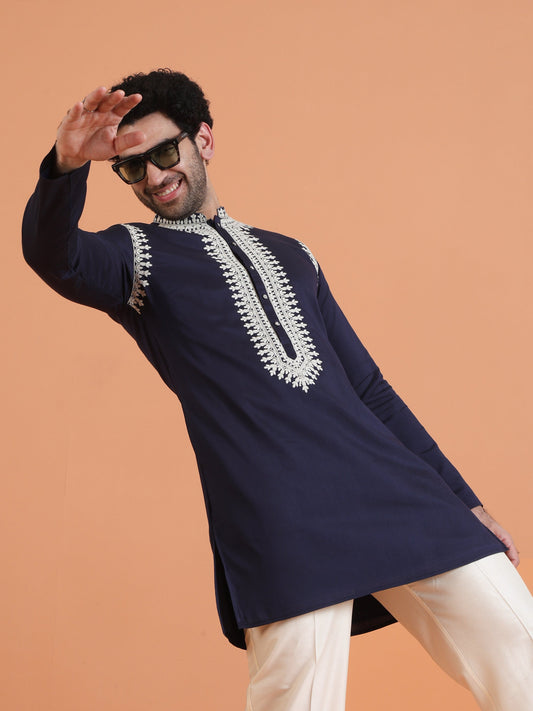 Navy Blue Cotton Silk Embroidered Mid Kurta