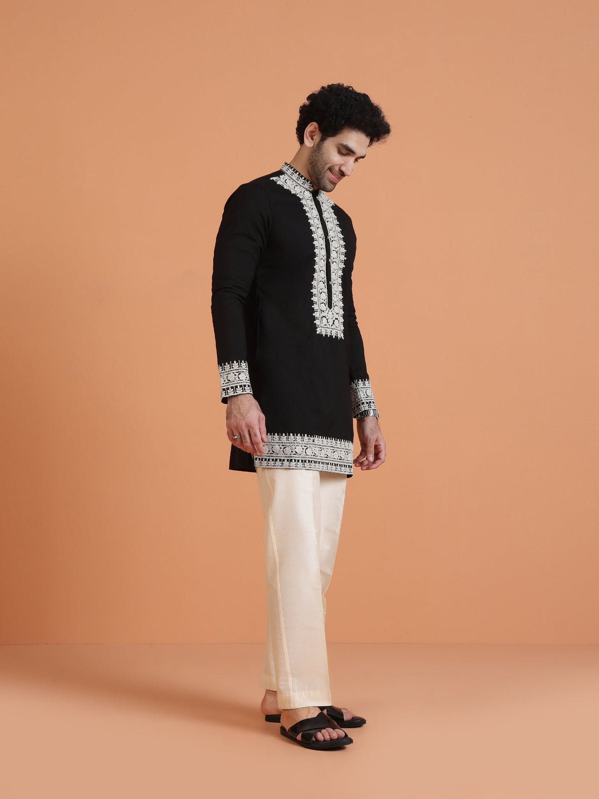 Black Cotton Silk Embroidered Mid Kurta