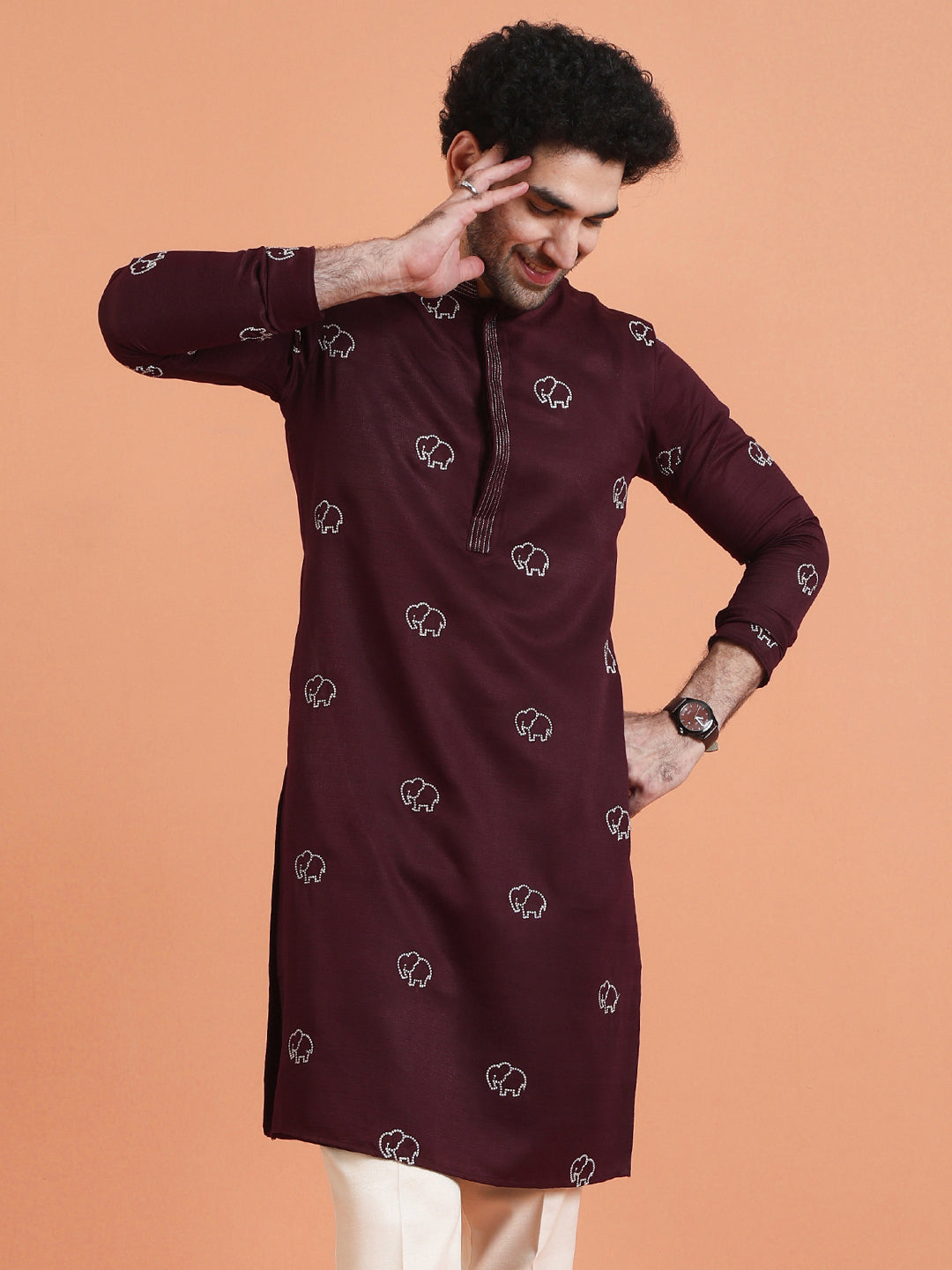 Maroon Cotton Silk Embroidered Kurta