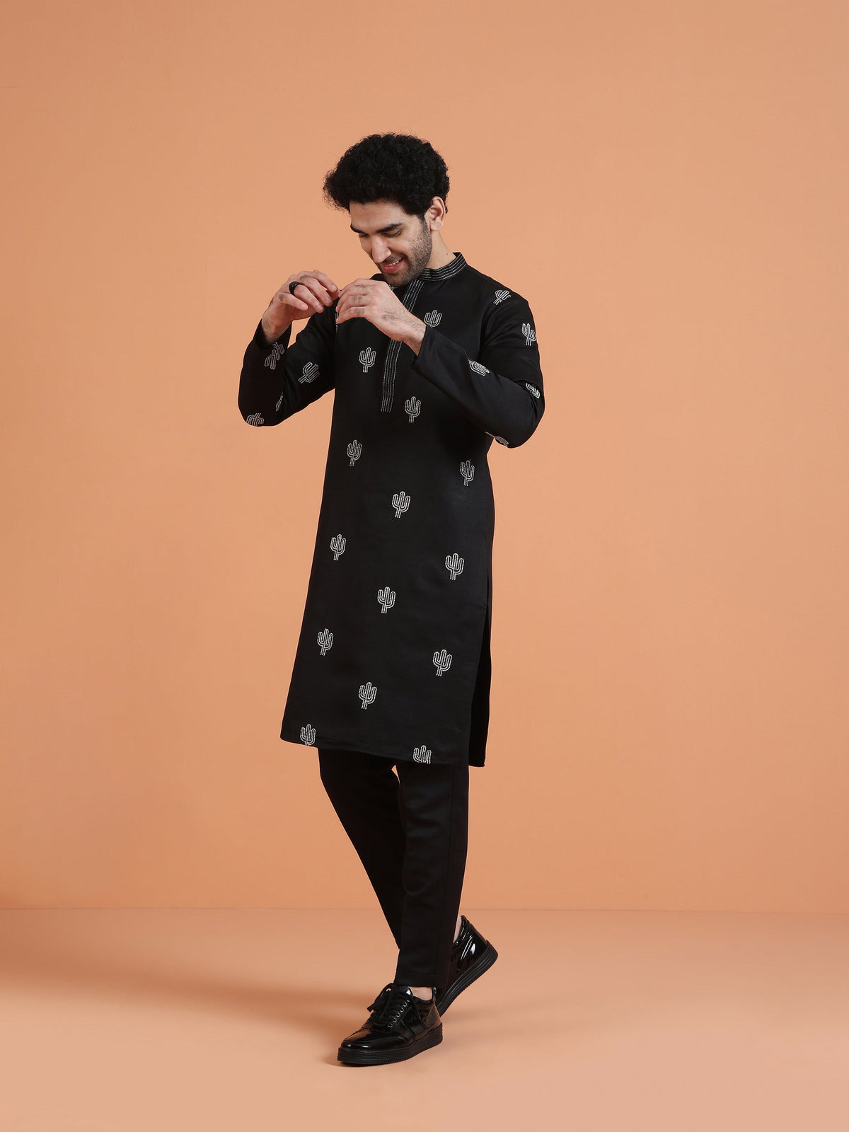 Black Cotton Silk Embroidered Kurta