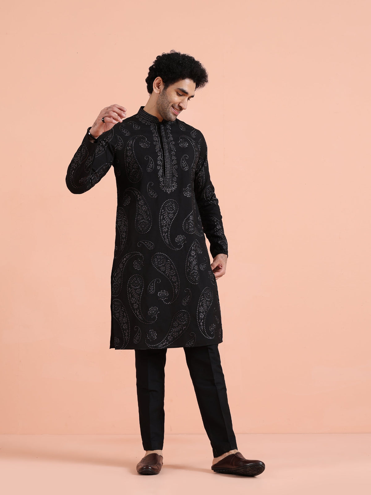 Black Embroidered Silk Blend Kurta
