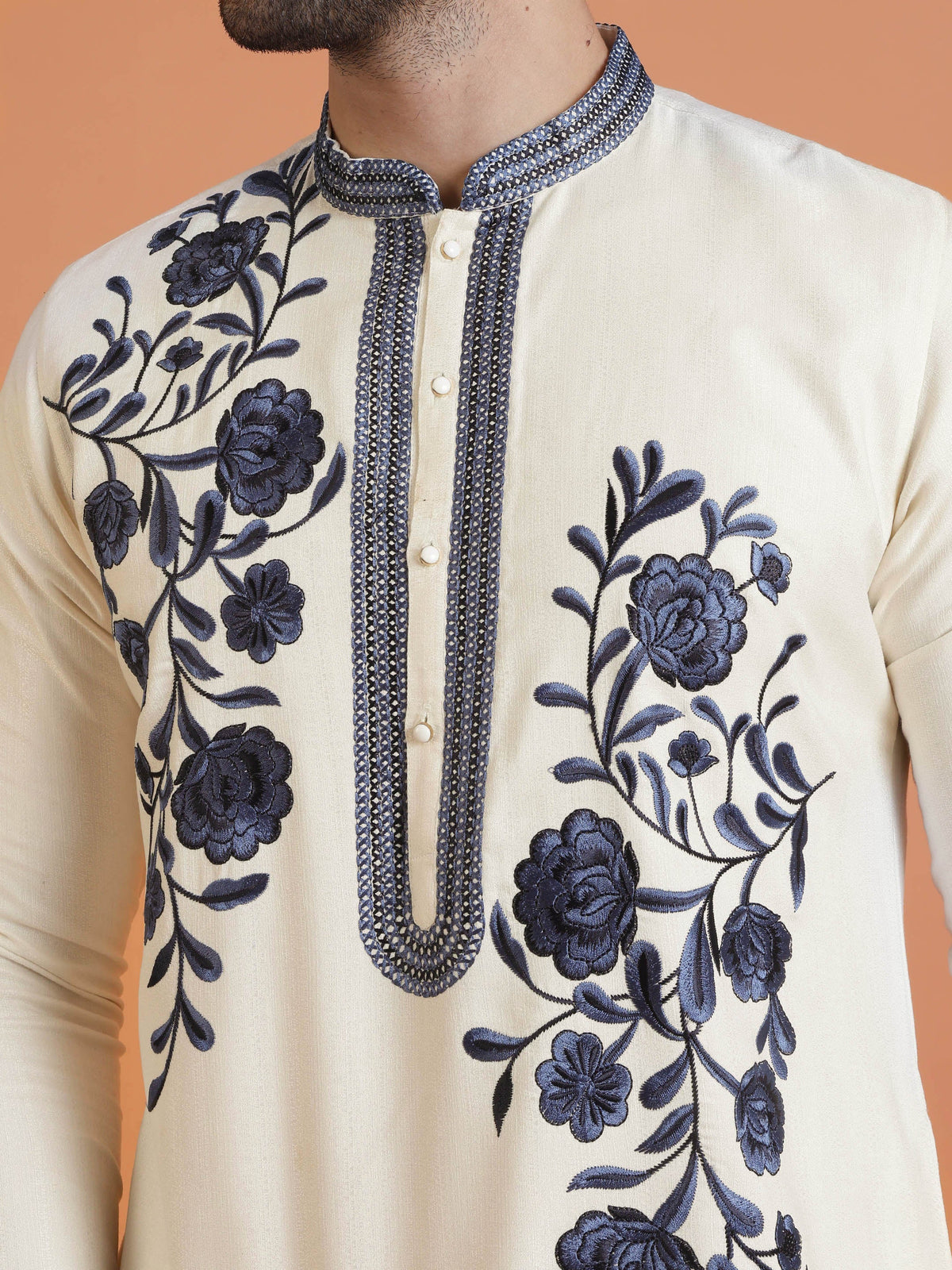 Cream Cotton Silk Embroidered Kurta