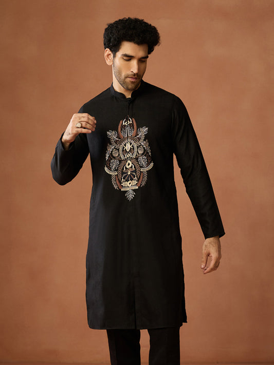 Black Silk Blend Embroidered Front Open Kurta