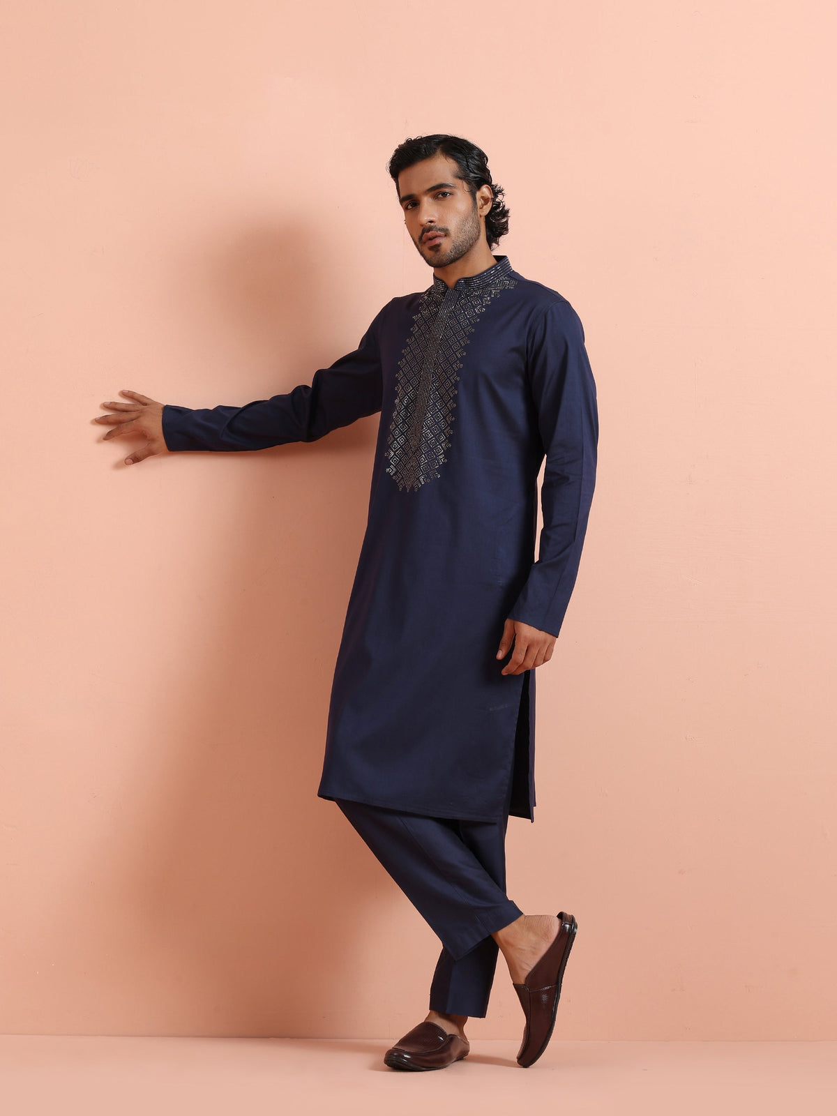 Navy Kurta with Geometric Embroidery