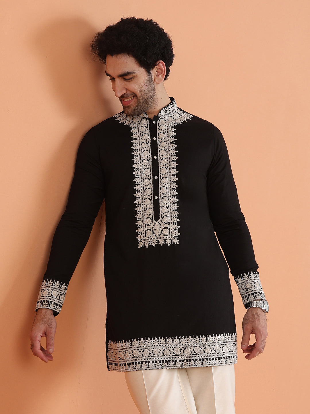 Black Cotton Silk Embroidered Mid Kurta