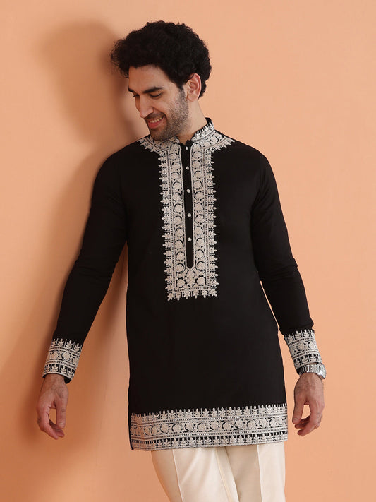 Black Cotton Silk Embroidered Mid Kurta