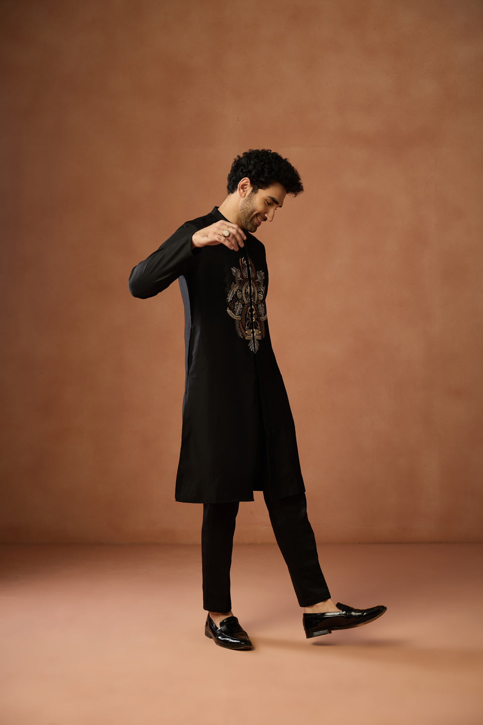 Black Silk Blend Embroidered Front Open Kurta