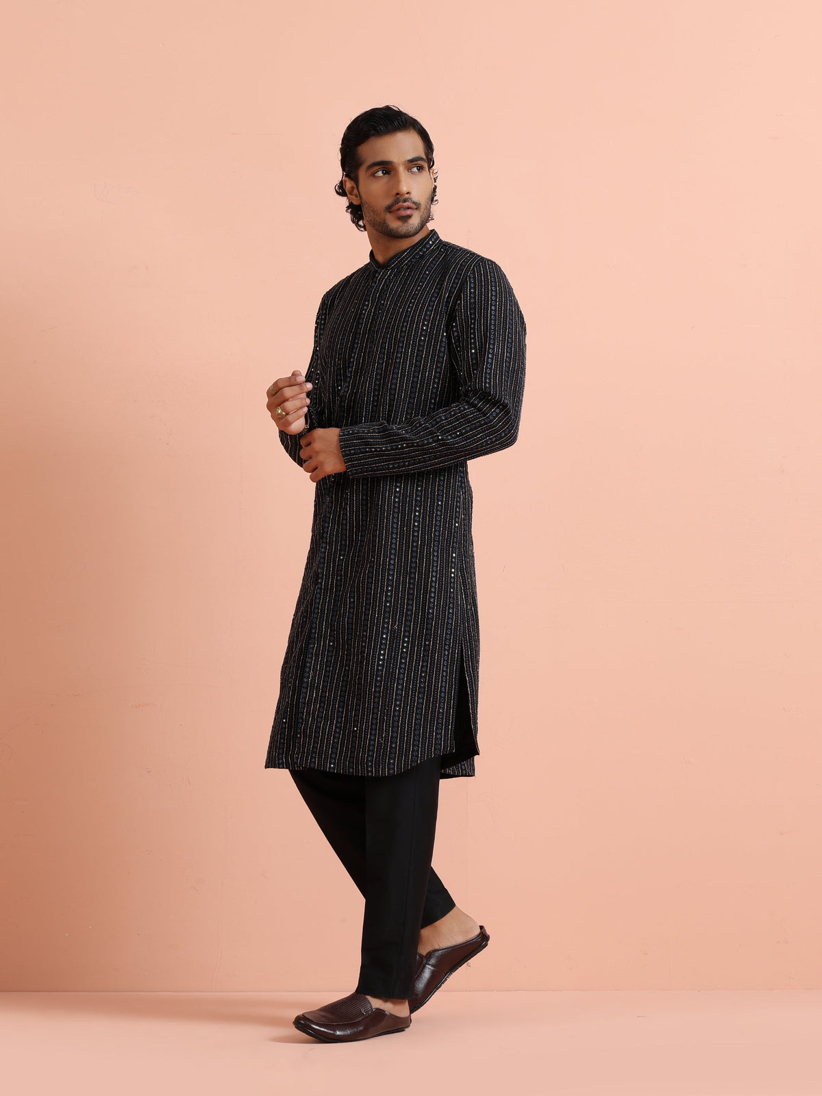 Black Silk Blend Mirror Work Kurta