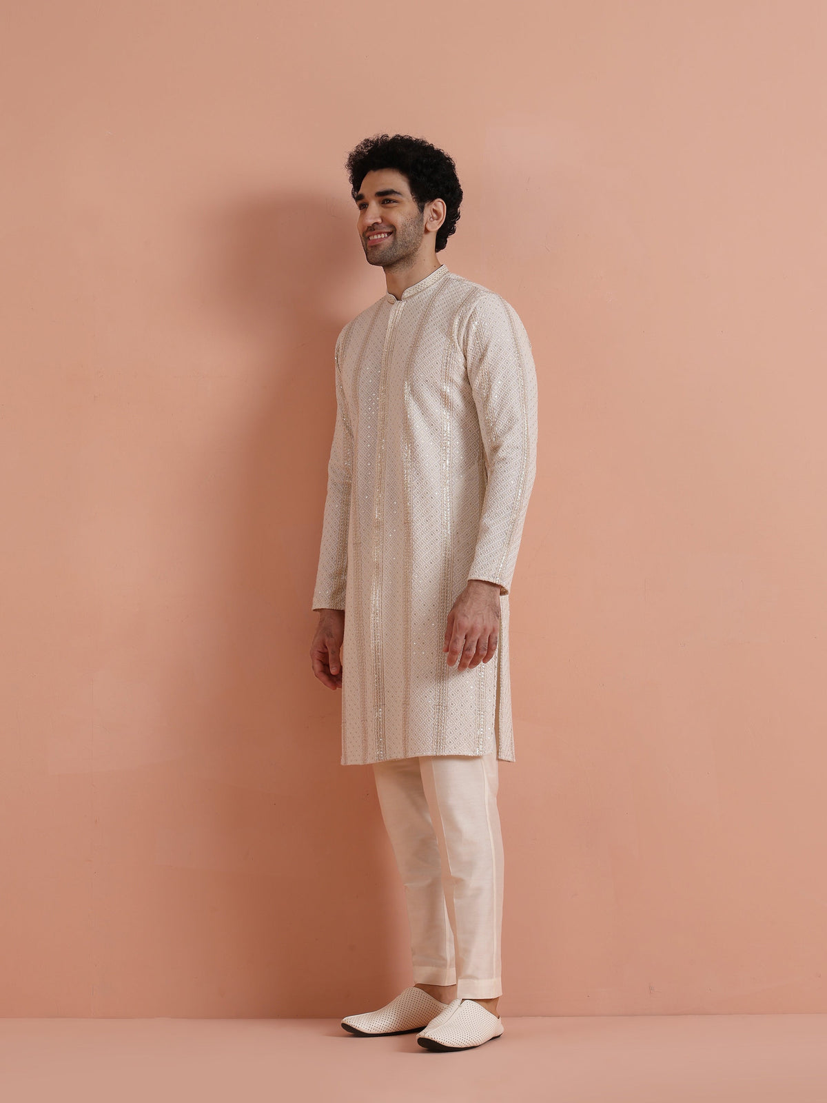 Cream Georgette Sequin Long Kurta