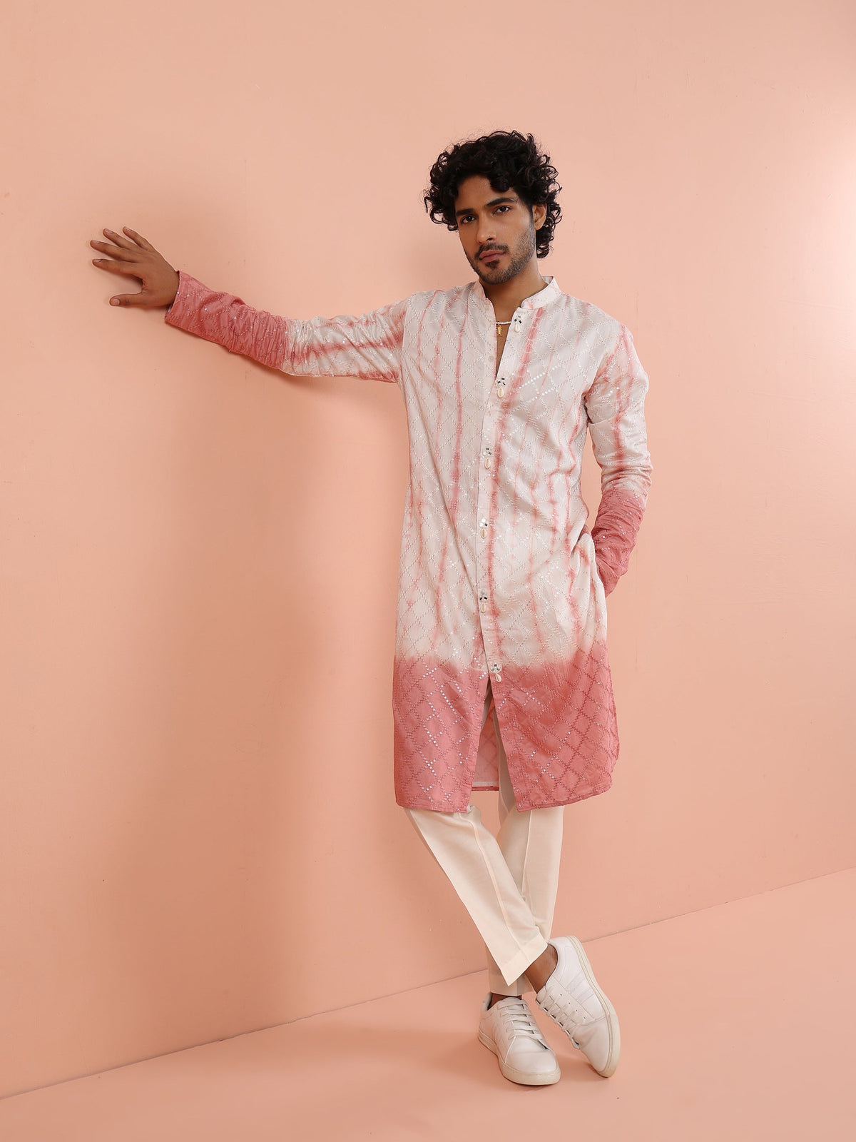 White & Pink Ombre Printed Kurta