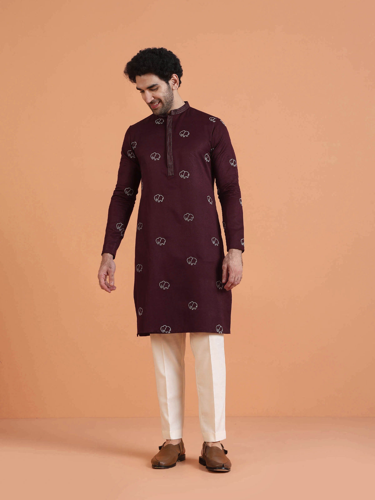 Maroon Cotton Silk Embroidered Kurta