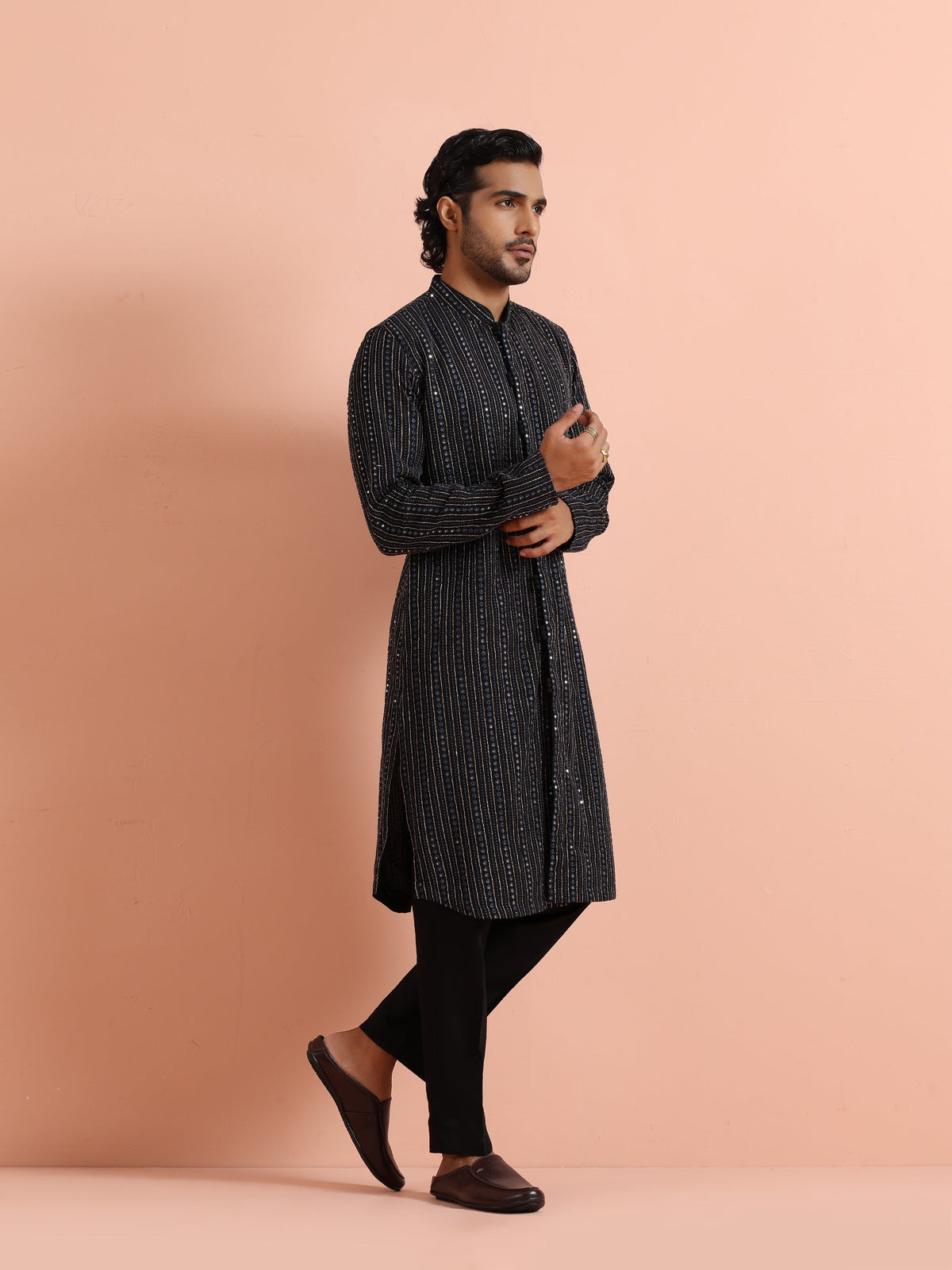 Black Silk Blend Mirror Work Kurta