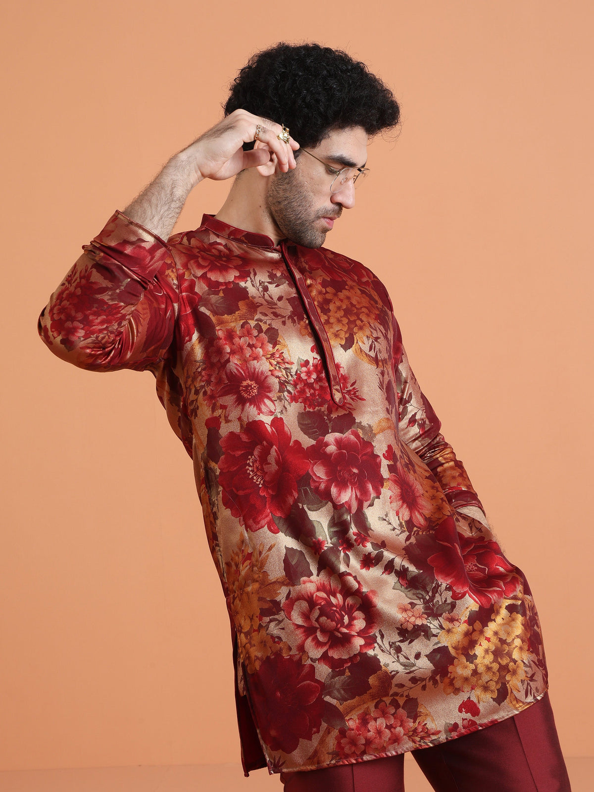Maroon Art Silk Bold Floral Mid Kurta