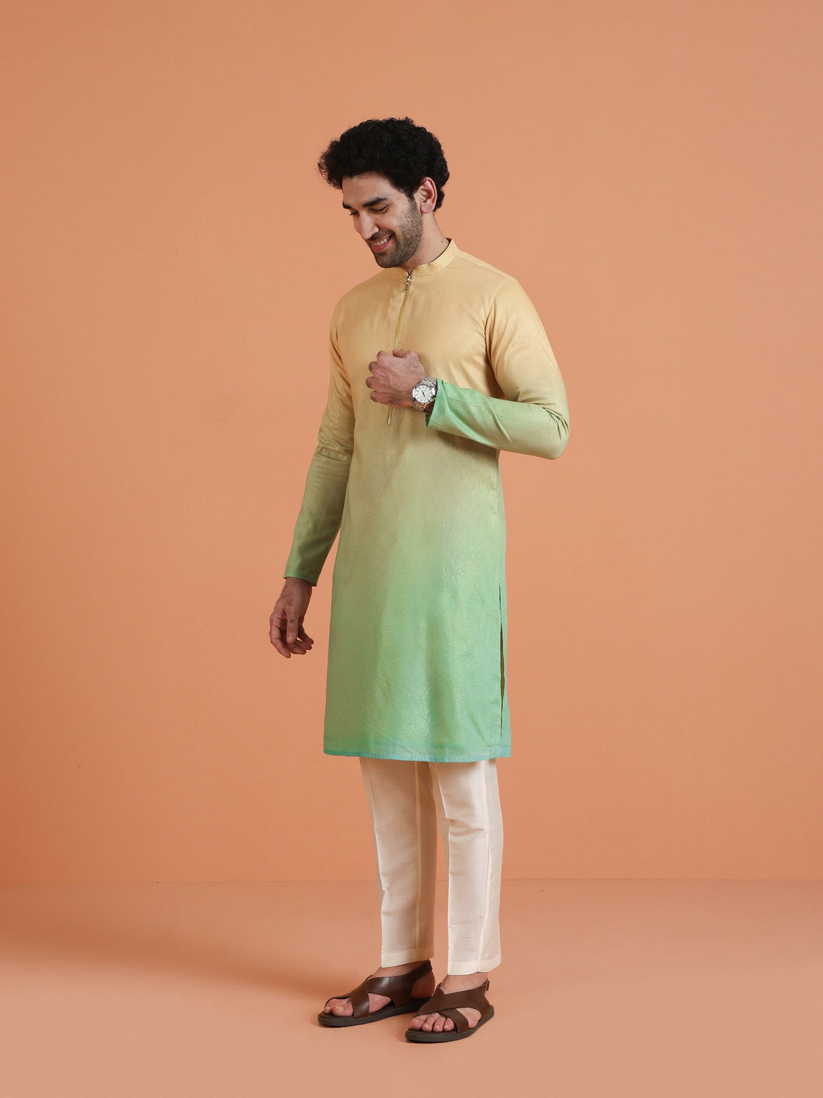 Golden Beige Ombre Cotton Silk Kurta