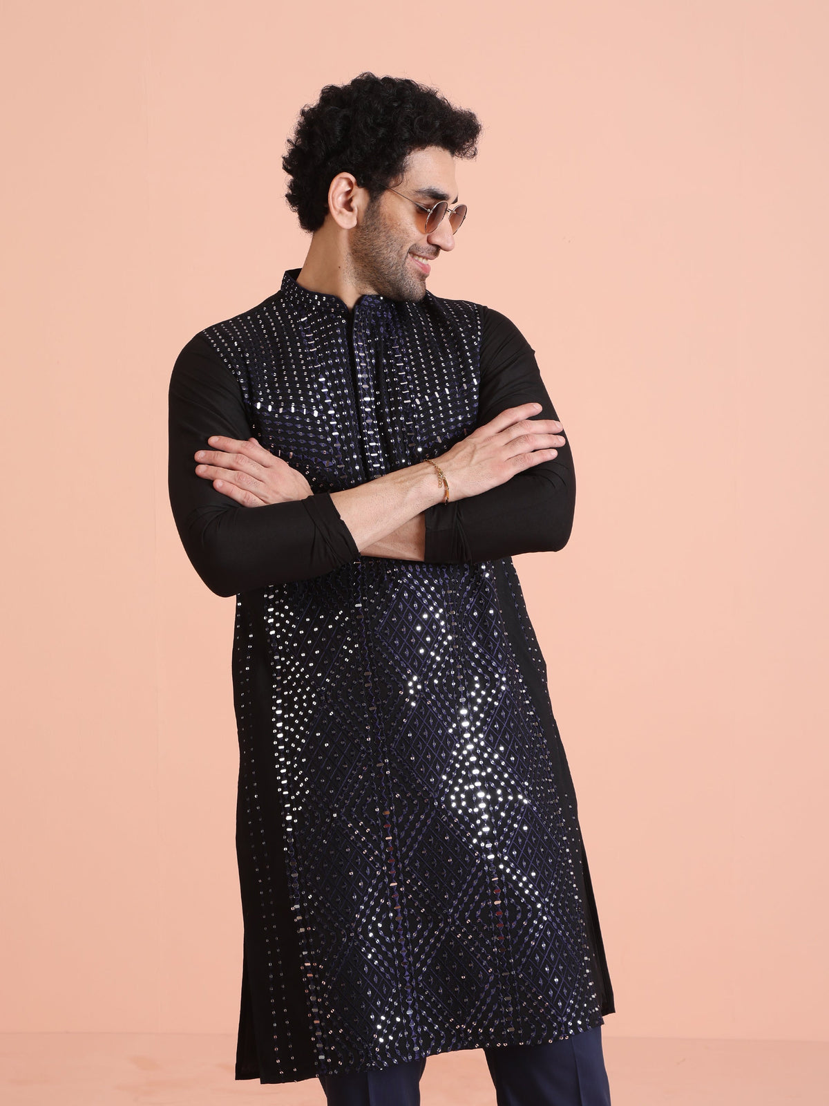 Navy Blue Poly Silk Embellished Kurta