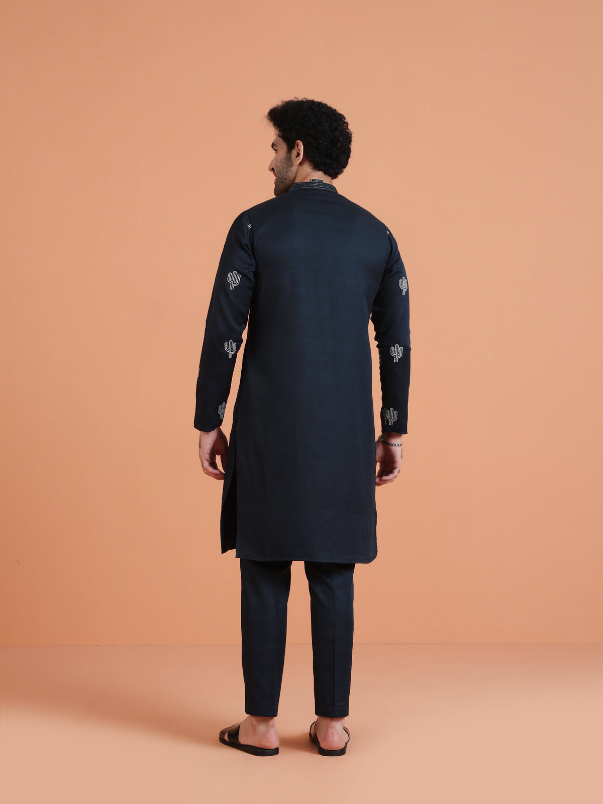 Navy Blue Cotton Silk Embroidered Kurta