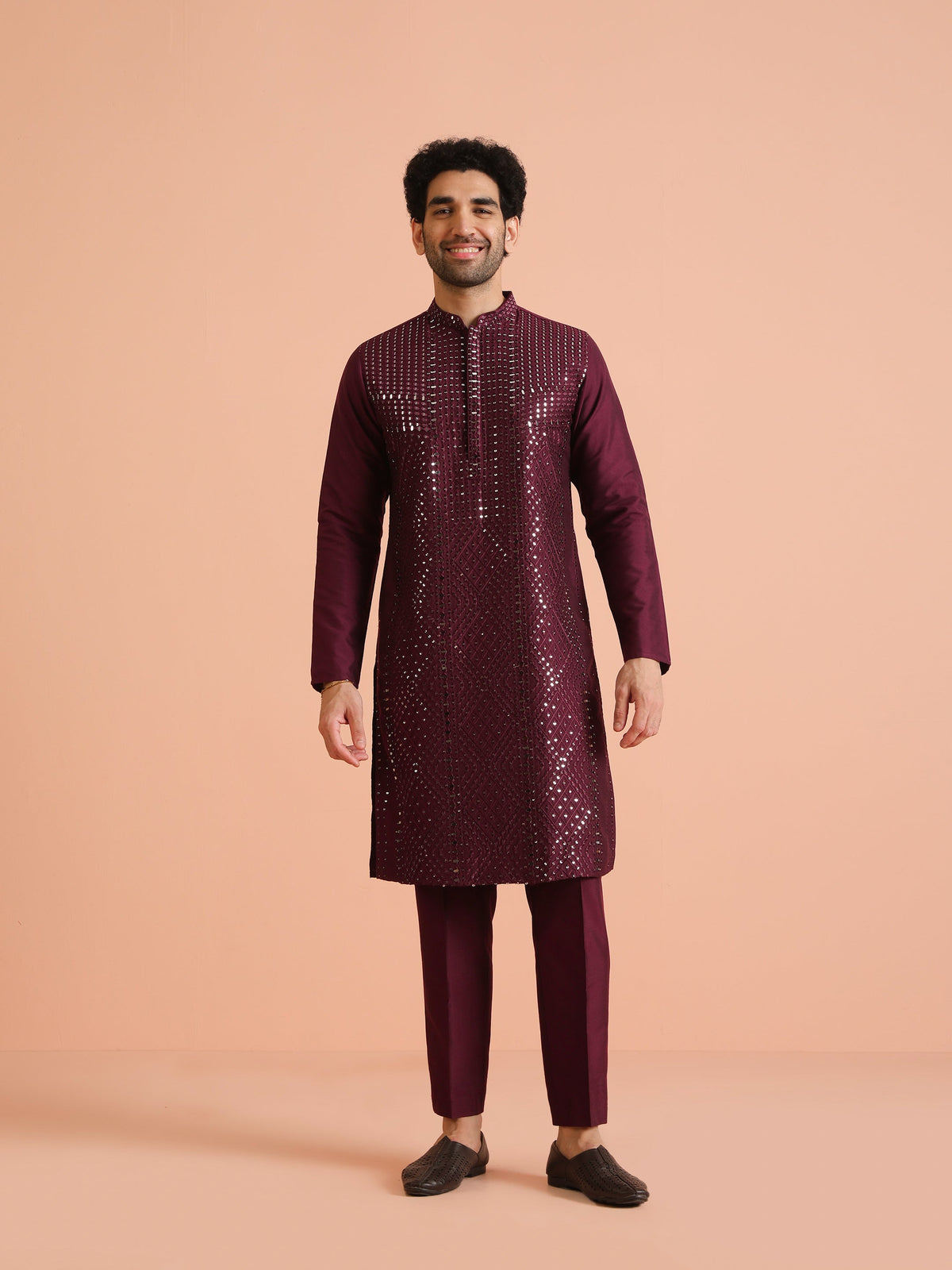 Wine Poly Silk Embellished Kurta