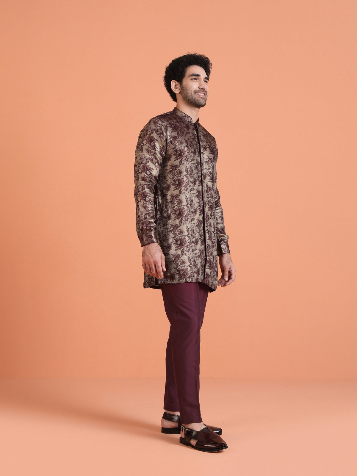 Wine Art Silk Floral Front Open Mid Kurta