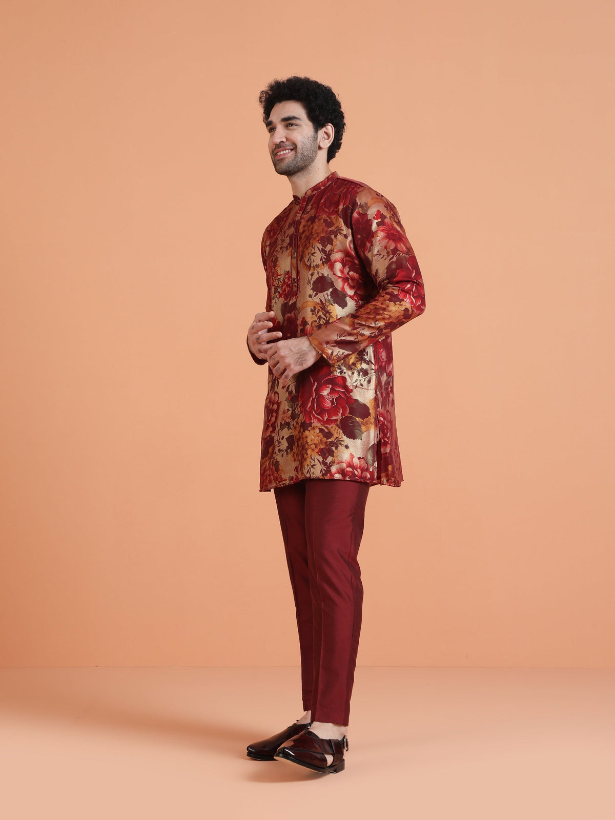 Maroon Art Silk Bold Floral Mid Kurta