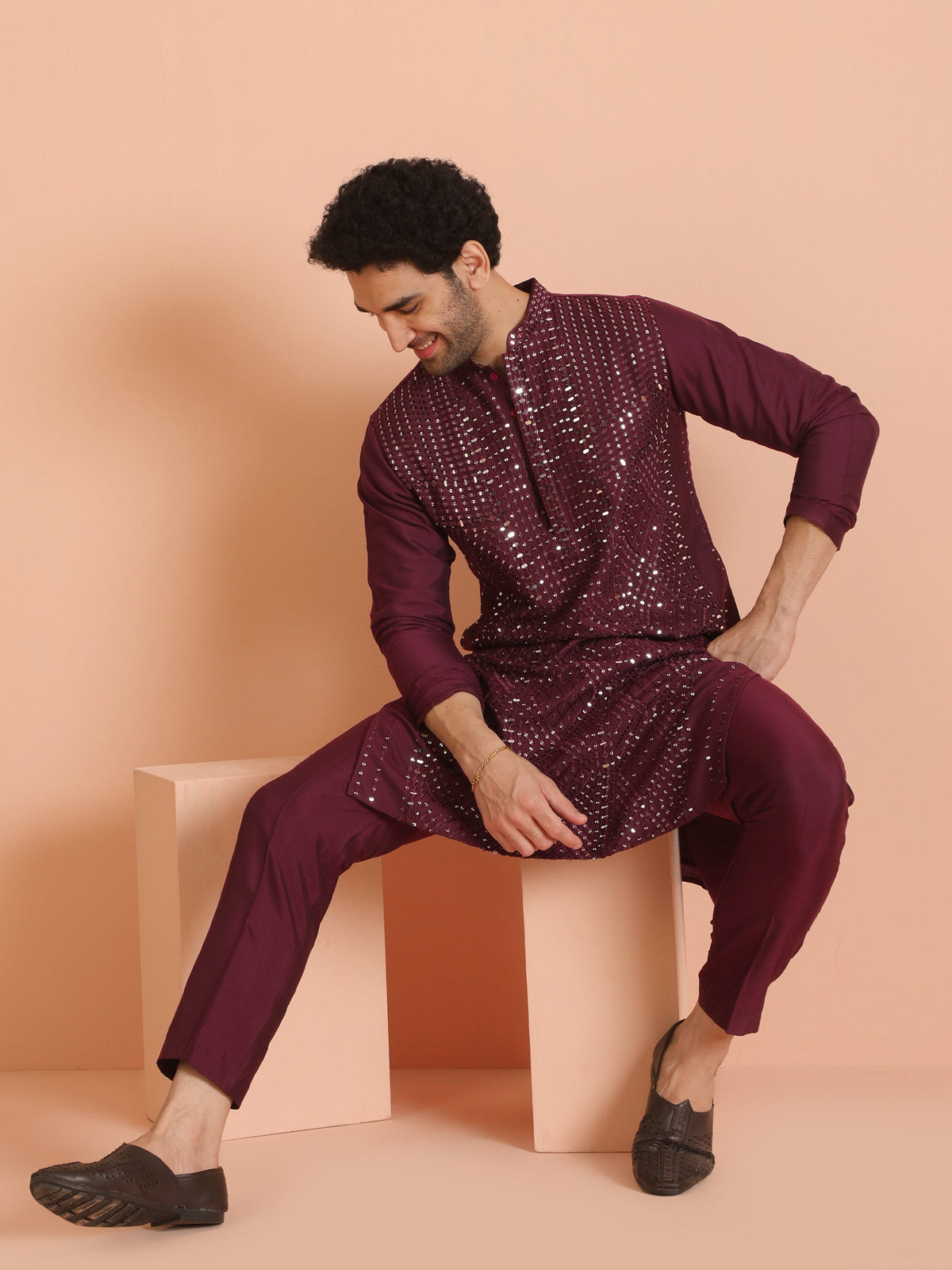 Wine Poly Silk Embellished Kurta