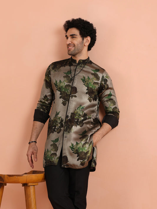 Grey Floral Printed Mid Kurta