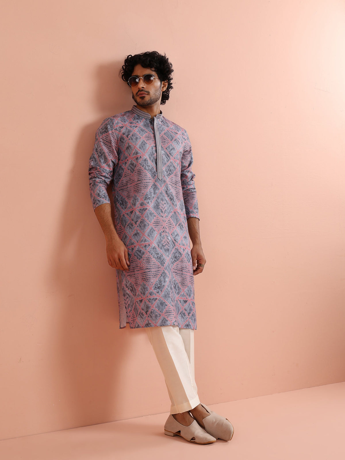 Grey & Pink Geometric Printed Kurta