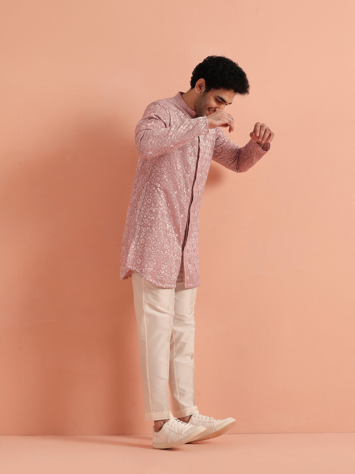 Pink Jacquard Silk Blend Mid Kurta
